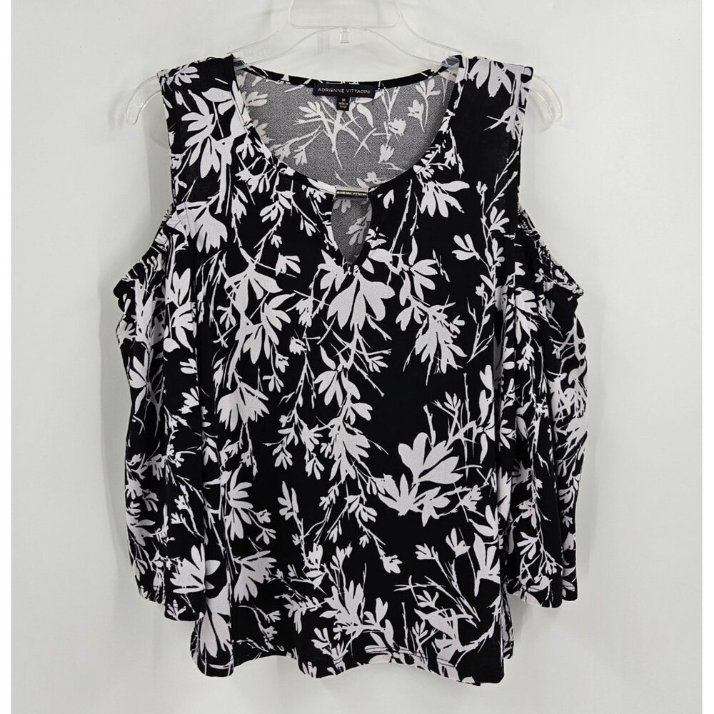 Adrienne Vittadini Women’s Cold Shoulder Black Floral Top Blouse M
